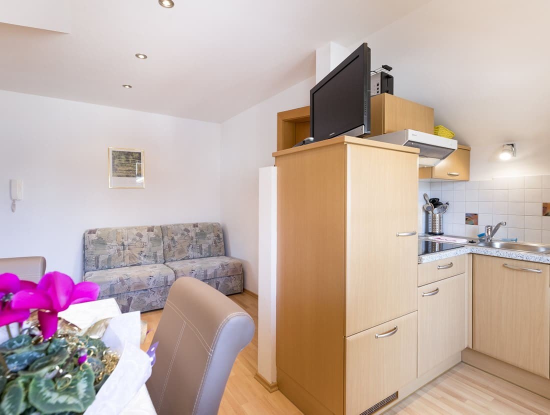 Wohnküche mit Essecke, Küchenzeile und Couch mit Flat-TV